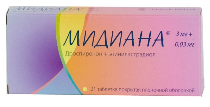 Мидиана таб.п/пл/об. 3мг+0,03мг №21(Дроспиренон+Этинилэстрадиол)гормон.контрацептив Рх