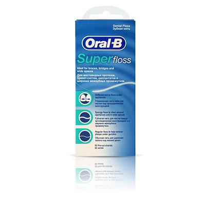 Oral-B зубная нить 50шт. Суперфлосс(для брекет-систем, имплантов, мостовидных протезов)