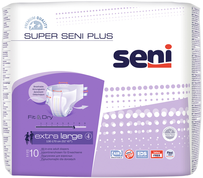 Сени Супер Плюс(Super Seni Plus) 4 подгузники д/взр. XL №10 экстра большие талия 130-170